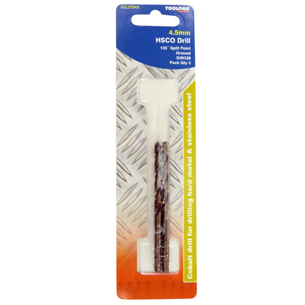 TOOLPAK GCJT045 COBALT GROUND JOBBER DRILL 4.5MM [X2]
